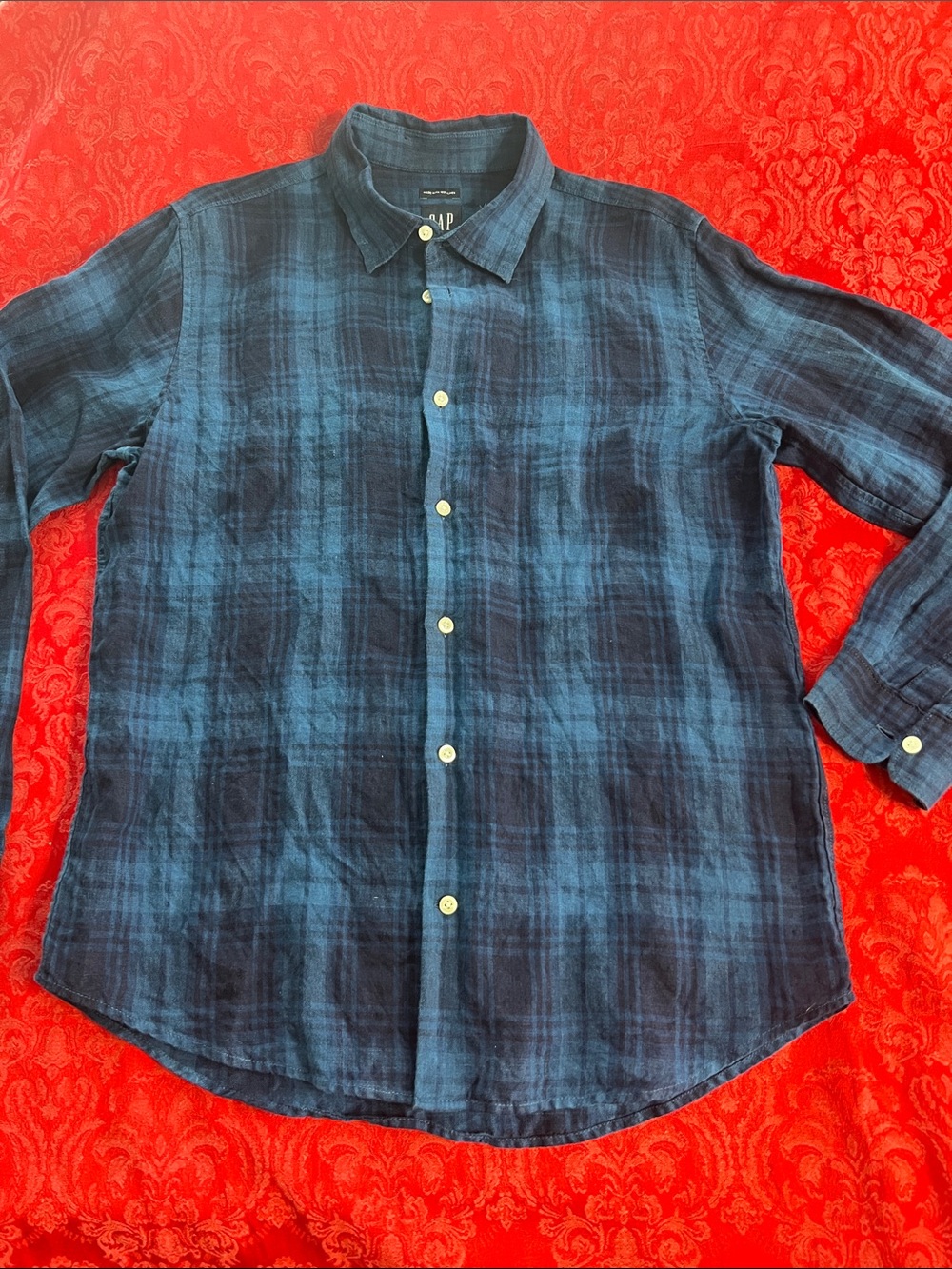 GAP Irish Linen Shirt Men's Medium Blue Navy Plaid Button Down Long Sleeve
